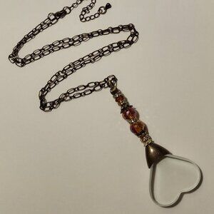 Bronze & Amber Crystal Tone Heart Shape Magnifying Glass Pendant Necklace